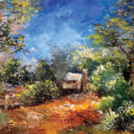 ציור נוף שבמרכז מופיע שביל אדמדם המוביל לבקתה קטנה מוקפת שיחים ירוקים ופריחה לבנה. משני צדי השביל יש עצים גבוהים עם עלווה צפופה בגווני ירוק וצהוב. שמיים כחולים בהירים נראים בחלק העליון. בראש התמונה כתוב: “וְהַבּוֹטֵחַ בַּה' חֶסֶד יְסוֹבְבֶנּוּ”.