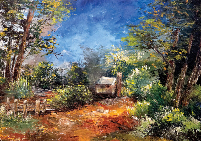 ציור נוף שבמרכז מופיע שביל אדמדם המוביל לבקתה קטנה מוקפת שיחים ירוקים ופריחה לבנה. משני צדי השביל יש עצים גבוהים עם עלווה צפופה בגווני ירוק וצהוב. שמיים כחולים בהירים נראים בחלק העליון. בראש התמונה כתוב: “וְהַבּוֹטֵחַ בַּה' חֶסֶד יְסוֹבְבֶנּוּ”.