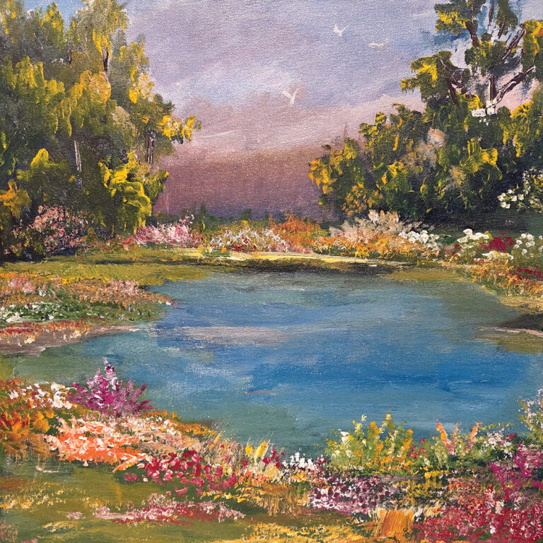 ציור טבע צבעוני של אגם כחול מוקף אזורי דשא וערוגות פרחים בצבעי ורוד, לבן, אדום וכתום. משני צדי האגם יש עצים ירוקים גדולים עם עלווה צפופה. ברקע שמיים בגווני ורוד־סגלגל לקראת שקיעה. בחלק העליון של התמונה מופיע הטקסט: “תורת ה' תמימה משיבת נפש”.