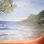 ציור נוף של חוף ים עם קו חוף מעוגל, מים בהירים ושמיים פתוחים