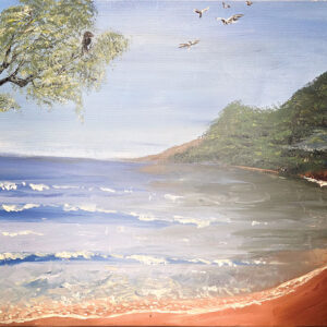 ציור נוף של חוף ים עם קו חוף מעוגל, מים בהירים ושמיים פתוחים