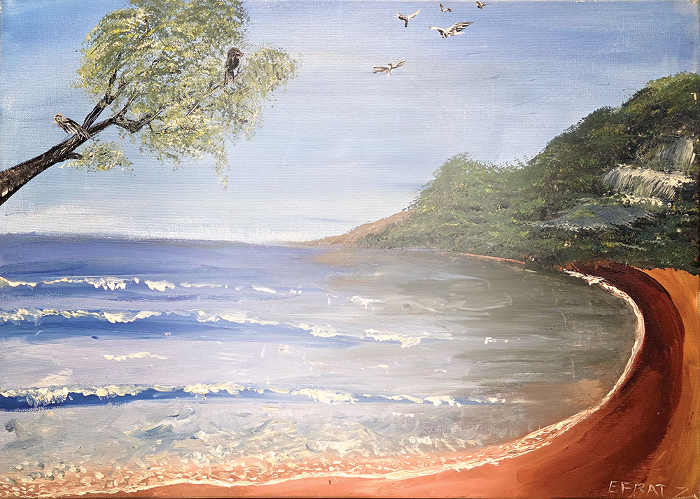 ציור נוף של חוף ים עם קו חוף מעוגל, מים בהירים ושמיים פתוחים