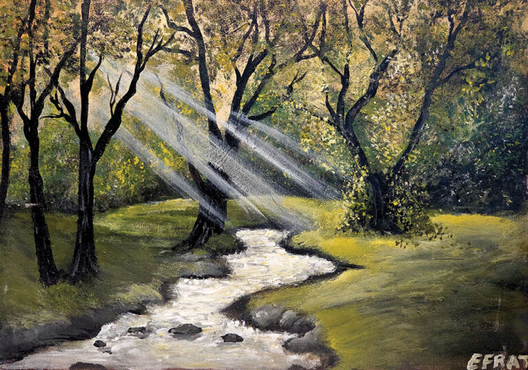 ציור נוף של פלג מים ביער עם קרני שמש החודרות בין העצים