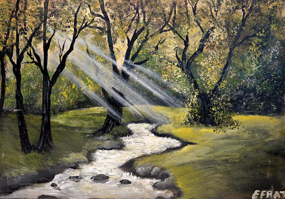 ציור נוף של פלג מים ביער עם קרני שמש החודרות בין העצים