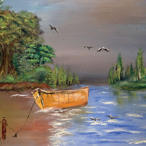 ציור נוף של סירה עוגנת בנהר, עצים משני הצדדים וציפורים עפות מעל המים