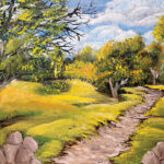 ציור נוף של שביל מתפתל בין עצים ושדות ירוקים ביום בהיר