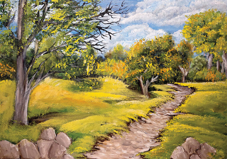 ציור נוף של שביל מתפתל בין עצים ושדות ירוקים ביום בהיר