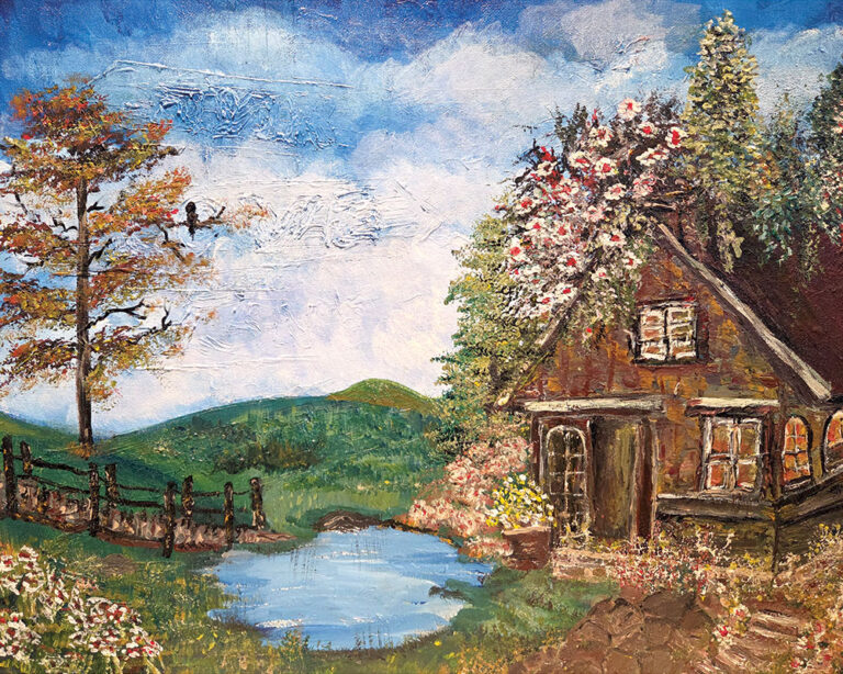 ציור נוף של בקתה כפרית ליד אגם, מוקפת עצים, פרחים ונוף ירוק