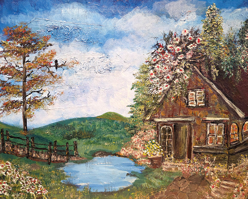 ציור נוף של בקתה כפרית ליד אגם, מוקפת עצים, פרחים ונוף ירוק