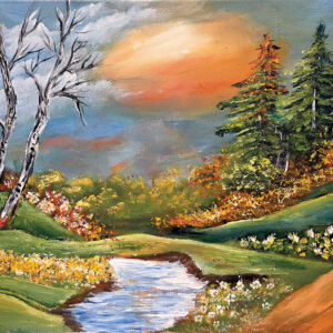 ציור נוף של פלג מים, עצים בשלכת ובפריחה ושמיים בגווני שקיעה