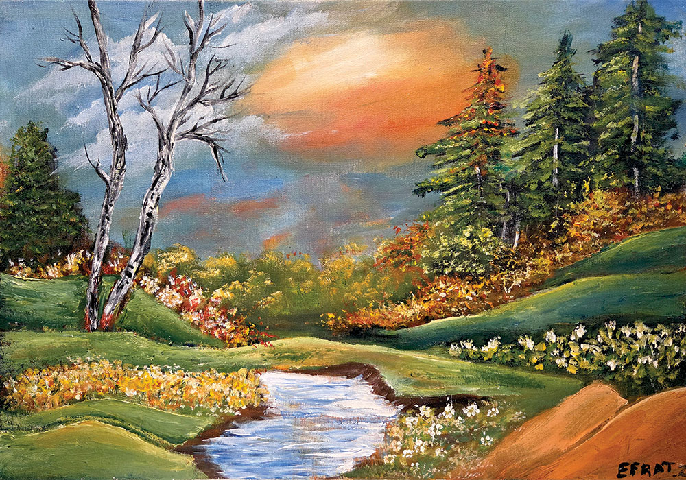 ציור נוף של פלג מים, עצים בשלכת ובפריחה ושמיים בגווני שקיעה