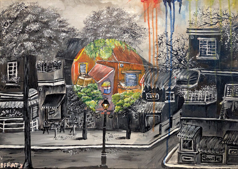 ציור אורבני בגווני אפור עם מוקד צבעוני של בית וצמחייה במרכז הרחוב