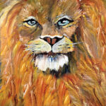 דיוקן של אריה בצבעים חמים ועזים, מבט ישיר ועמוק המשדר כוח, שקט וביטחון פנימי