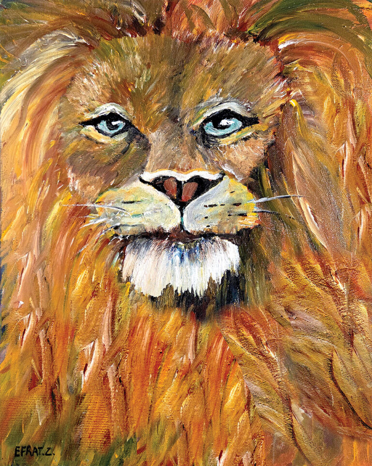 דיוקן של אריה בצבעים חמים ועזים, מבט ישיר ועמוק המשדר כוח, שקט וביטחון פנימי