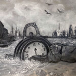 ציור מונוכרומטי של שעון כיס שקוע במים סוערים על חוף עם סירות באופ