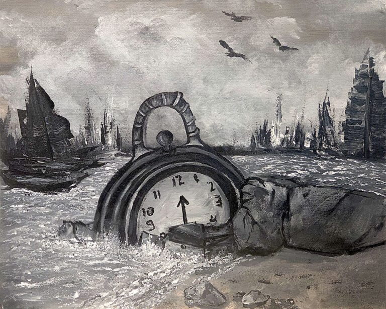 ציור מונוכרומטי של שעון כיס שקוע במים סוערים על חוף עם סירות באופ