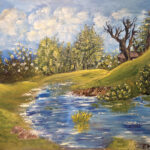 ציור נוף של פלג מים בין גבעות ירוקות, עצים פורחים ושמיים בהירים
