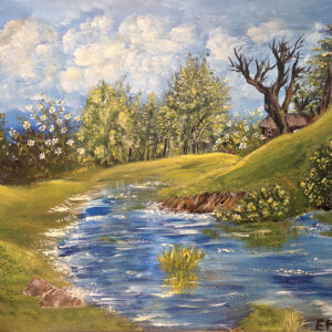 ציור נוף של פלג מים בין גבעות ירוקות, עצים פורחים ושמיים בהירים