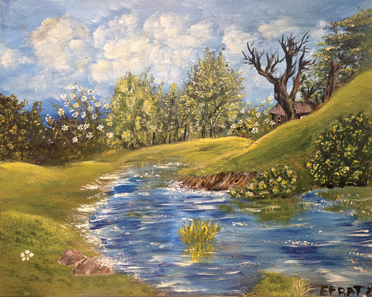 ציור נוף של פלג מים בין גבעות ירוקות, עצים פורחים ושמיים בהירים