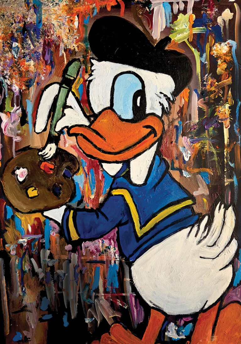 ציור צבעוני של דמות מצוירת מציירת עם מכחול ופלטת צבעים על רקע מופשט וצבעוני