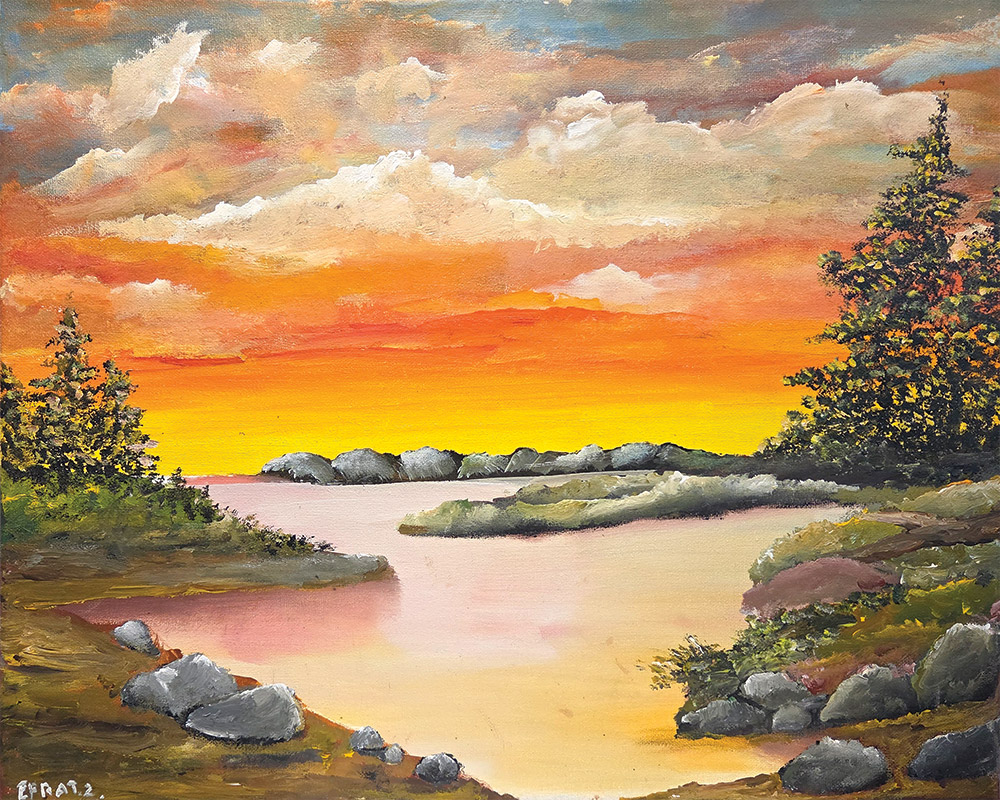 אור שקיעה חם נפרש מעל מים שקטים ואבנים רכות, והשמיים נצבעים בגוונים של כתום וזהב. הנוף משדר רוגע עמוק, סיום יום והבטחה לשקט שמגיע עם הערב.