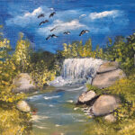 ציור נוף סתווי של עצים בשלכת המשתקפים בפלג מים שקט