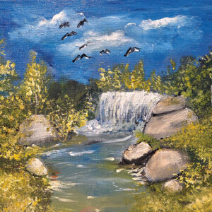 ציור נוף סתווי של עצים בשלכת המשתקפים בפלג מים שקט