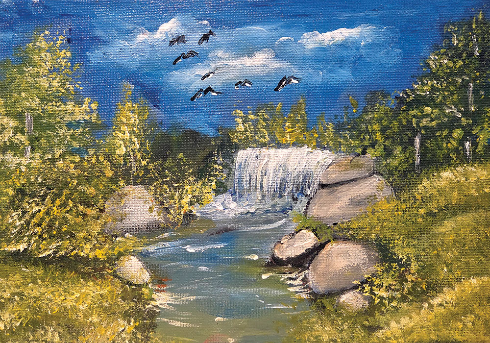 ציור נוף סתווי של עצים בשלכת המשתקפים בפלג מים שקט