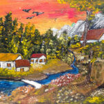 ציור נוף של כפר קטן עם בתי מגורים, פלג מים, עצים ושקיעה צבעונית ברקע