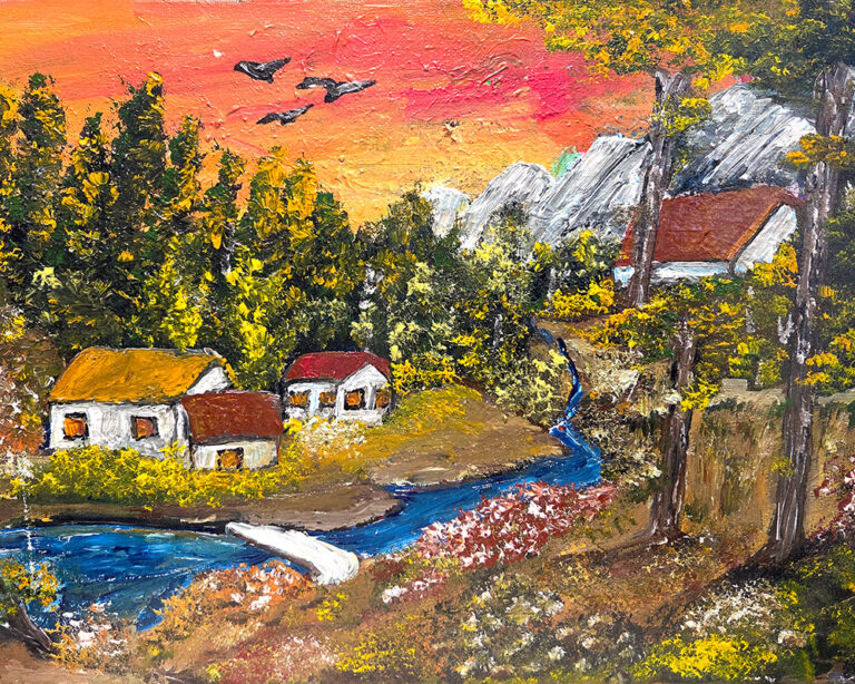 ציור נוף של כפר קטן עם בתי מגורים, פלג מים, עצים ושקיעה צבעונית ברקע