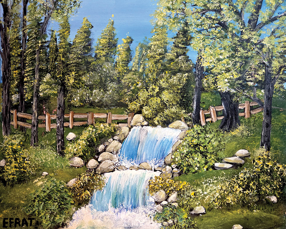 ציור נוף של מפל מדורג ביער ירוק עם סלעים, עצים וגדר עץ ברקע