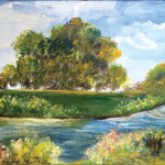 ציור נוף של שדות ירוקים עם פלג מים, עצים ושמיים בהירים