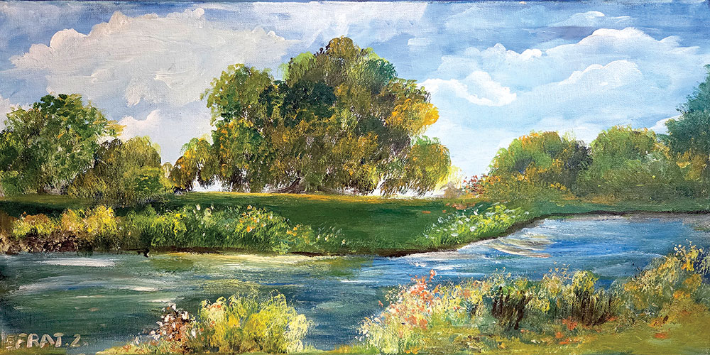 ציור נוף של שדות ירוקים עם פלג מים, עצים ושמיים בהירים