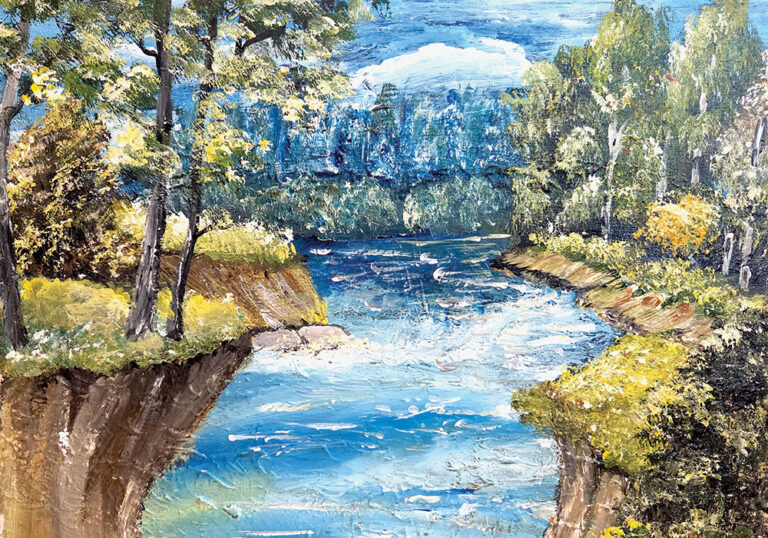 ציור נוף של פלג מים כחול הזורם בין גדות ירוקות ועצים צפופים