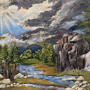 ציור נוף של מפל מים בין סלעים ועצים בנוף הררי