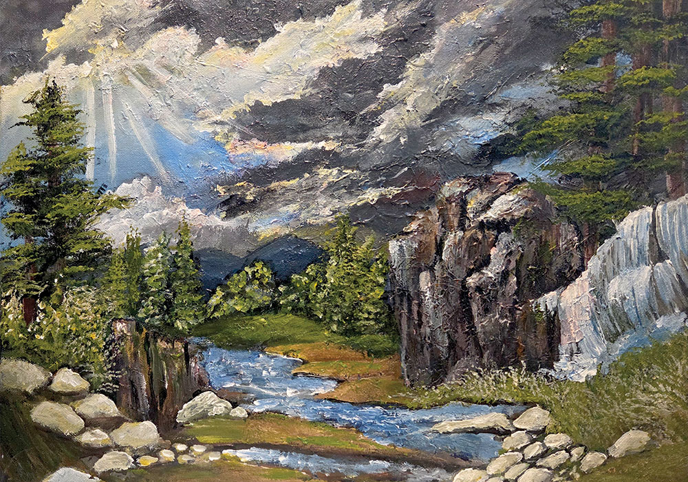 ציור נוף של מפל מים בין סלעים ועצים בנוף הררי