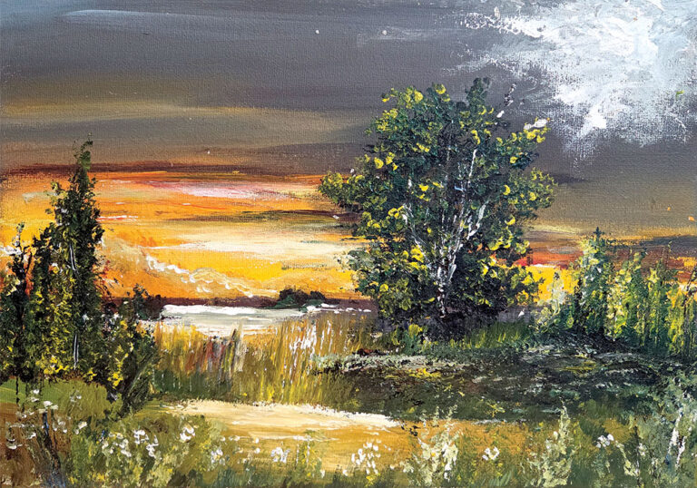 ציור נוף של שקיעה זהובה מעל שדות ועצים תחת שמיים כהים