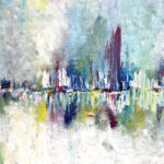 ציור מופשט של השתקפויות צבעוניות במים בגווני כחול, ירוק ולבן