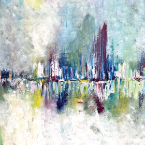 ציור מופשט של השתקפויות צבעוניות במים בגווני כחול, ירוק ולבן