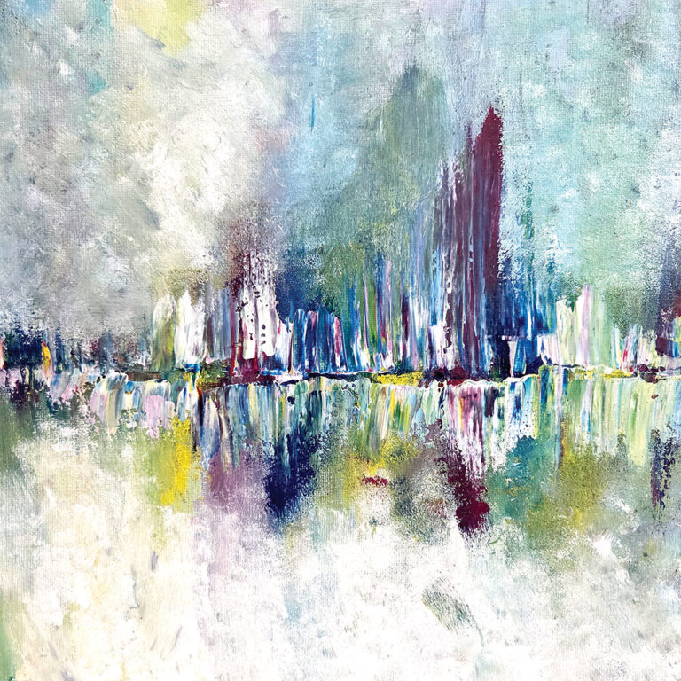 ציור מופשט של השתקפויות צבעוניות במים בגווני כחול, ירוק ולבן