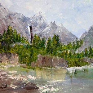 ציור נוף של הרים גבוהים, יער ירוק ואגם שקט עם סלעים בקדמת התמונה