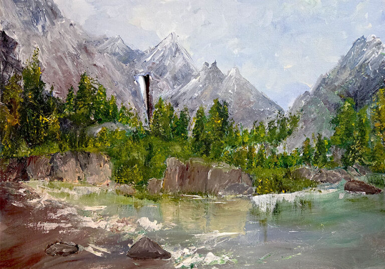 ציור נוף של הרים גבוהים, יער ירוק ואגם שקט עם סלעים בקדמת התמונה