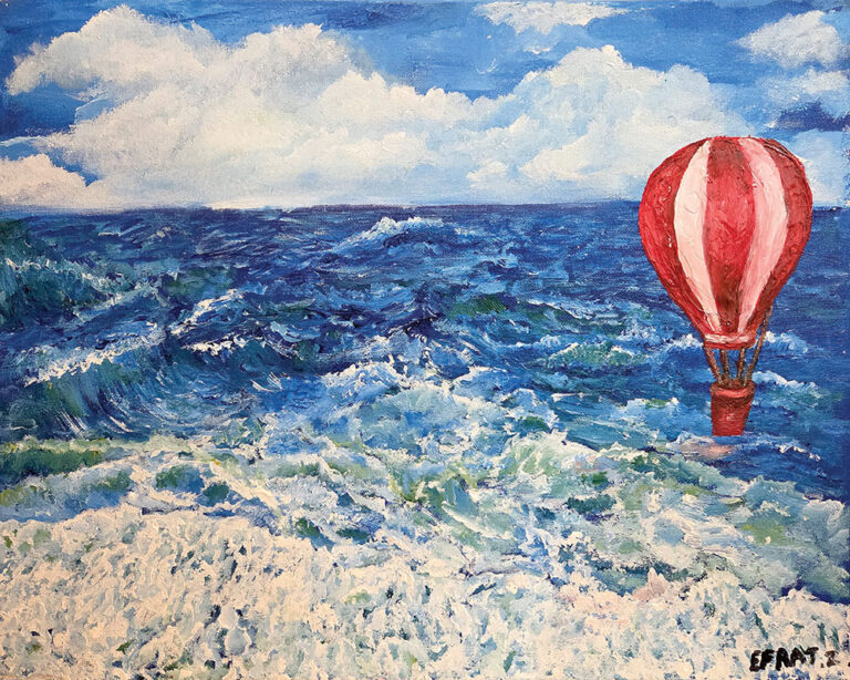 ציור של ים גלי וסוער בגווני כחול ולבן, עם כדור פורח אדום-לבן מרחף מעל המים באופק