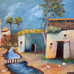 ציור כפרי של בתים בהירים ועצים, עם תעלת מים זורמת בשביל בין הבתים, בצבעים חמים ושקטים