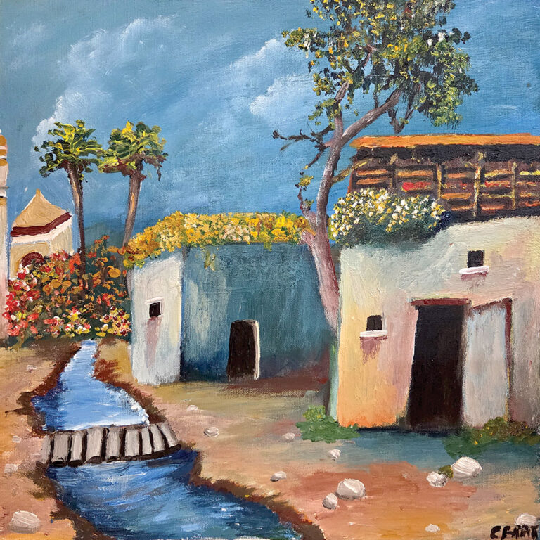 ציור כפרי של בתים בהירים ועצים, עם תעלת מים זורמת בשביל בין הבתים, בצבעים חמים ושקטים