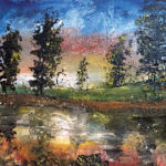 נוף אקספרסיבי עם עצים ומים, בצבעי ערב רכים, משדר שקט, עומק ותחושת התבוננות פנימית