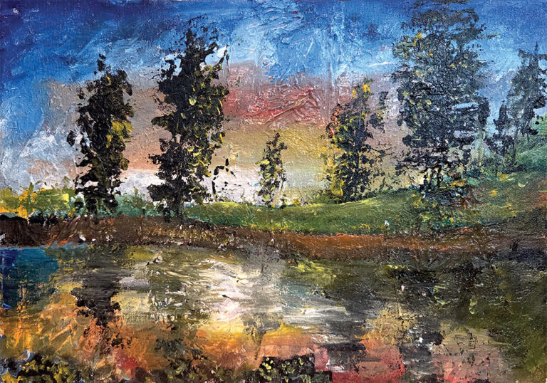 נוף אקספרסיבי עם עצים ומים, בצבעי ערב רכים, משדר שקט, עומק ותחושת התבוננות פנימית