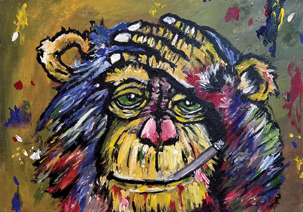 דיוקן אקספרסיבי בצבעים עזים, מבט עמוק ומלא רגש, משדר חכמה, רוך ועוצמה פנימית