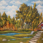 ציור נוף של בית כפרי עם מדרגות אבן, עצים ומים שקטים בסביבה ירוקה