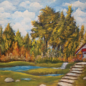 ציור נוף של בית כפרי עם מדרגות אבן, עצים ומים שקטים בסביבה ירוקה